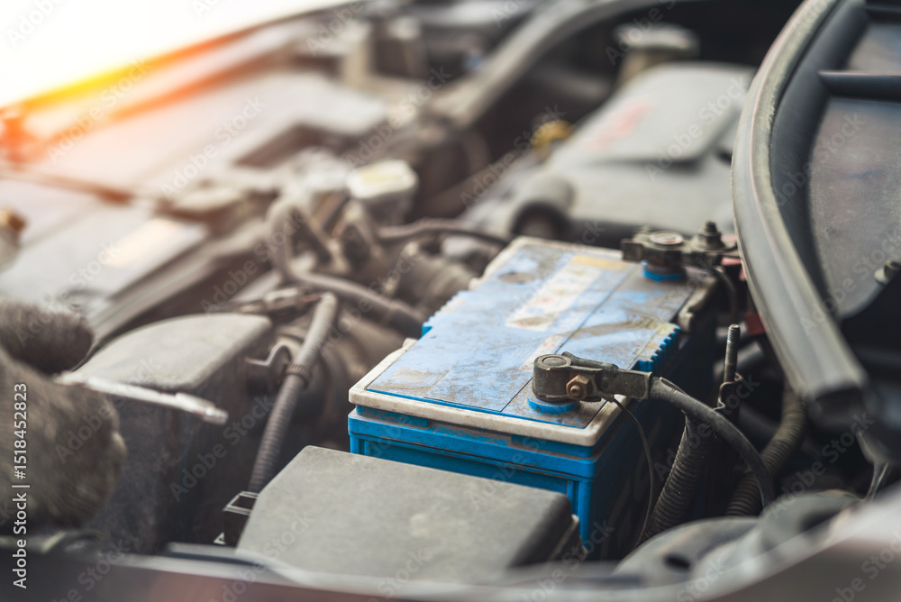 Poster car battery visible in an open engine bay. this image conveys themes of automobile maintenance, vehi