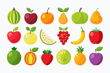 Collection of Colorful Flat Fruit Illustrations Various fruits depicted flat design style including apples pears watermelon grapes bananas and more fruit illustration apple pear watermelon