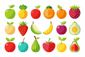 Collection of Colorful Flat Fruit Illustrations Various whole and sliced fruits bright colors fruit apple pineapple orange strawberry banana plum guava pear illustration vector design