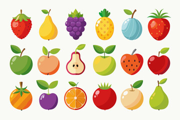 Colorful Flat Design Fruit Icons Collection various fruits flat design style fruit icons flat design illustration apple strawberry pear grapes pineapple orange tomato plum watermelon