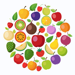 Colorful Circle of Various Fruits circular arrangement various fruits including apples plums cherries kiwi and more fruit apple plum cherry kiwi orange strawberry pear tropical
