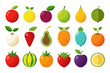 Collection of Colorful Flat Fruit Illustrations set various fruits flat design style showcasing different shapes and colors fruit illustration flat design apple lemon plum guava