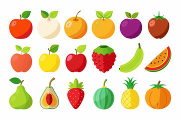 Collection of Colorful Flat Fruit Illustrations Various fruits displayed flat design style including apples oranges plums tomatoes pears guava strawberries watermelon bananas and pineapples fruits