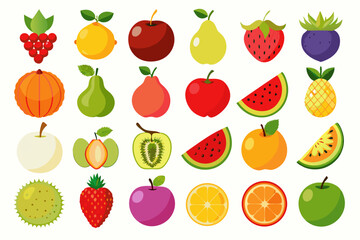 Colorful Flat Illustration of Various Fruits Collection cartoon style fruit icons vibrant colors fruits fruit icons illustration flat design apple banana orange lemon pear strawberry blueberry