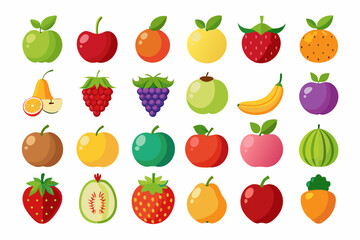 Colorful Flat Illustration of Various Fruits Collection cartoon style fruit icons vibrant colors fruit apple orange banana strawberry cherry kiwi grape raspberry pear plum watermelon