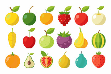 Collection of Colorful Flat Fruit Illustrations variety whole and sliced fruits vibrant colors perfect for educational design purposes fruit apple orange pear strawberry watermelon banana
