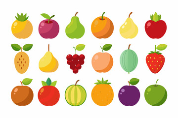 Collection of Colorful Cartoon Fruits Flat design illustration various fruits including apples pears peaches plums and berries fruits apple pear peach plum strawberry grapes watermelon