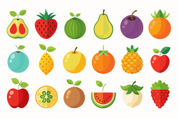 Collection of Colorful Flat Fruit Illustrations icons various fruits whole and sliced with vibrant colors fruit fruits illustration icons flat design avocado strawberry watermelon pear