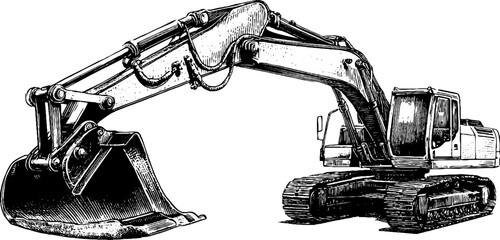 Detailed engraving of excavator arm and digging machinery for construction themes