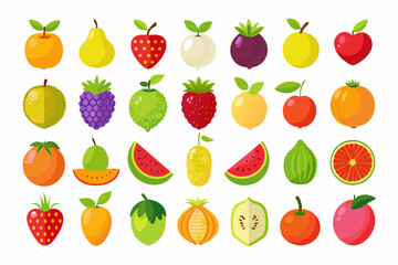 Colorful Flat Design Fruit Illustrations Collection various fruits flat design style showcasing different types and cuts fruits fruit illustrations flat design vector graphics apple pear
