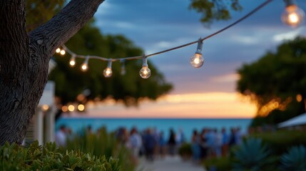 Fototapeta premium summer beach festivals, beachside night party with live music, costumed participants, carnival lights, and community celebration after parade