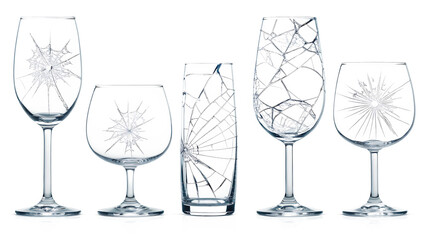 Broken glass glasses assortment showcasing shattered textures and a dramatic depiction of destruction.