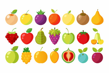 Colorful Flat Illustration of Various Fruits Collection cartoon fruit icons vibrant colors fruit apple banana orange grape kiwi pear plum cherries berries mango fig tropical