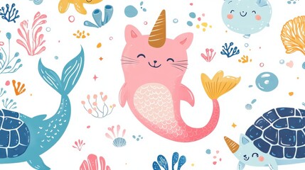 Mermaid seamless pattern. Narwhal and turtle, cartoon cat with fish tail. Cute sea creature, fabric print with beautiful mythical creatures, nowaday vector background illustration , no logos, no bran