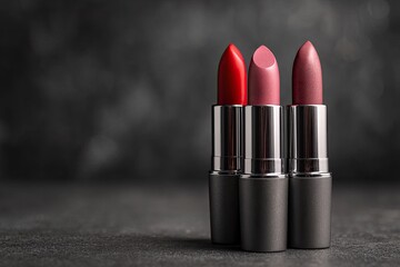 Three lipsticks stand in a row colors of red and two shades of mauve against a dark mottled background