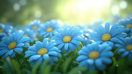 Blue flowers bloom in a field, sunny and bright