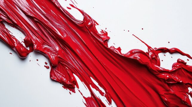 Red paint splatters and streaks on white background.