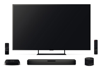 Realistic smart tv with remote control, sound bar, set-top box and smart speaker