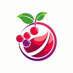Modern minimalist logo with stylized cherry for a fruit juice brand, using cherry red, raspberry and soft purple tones