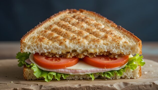 Delicious Grilled Ham and Cheese Sandwich with Tomato and Lettuce on Brown Paper