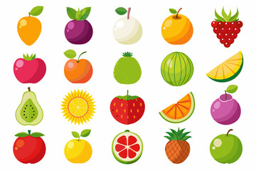 Colorful Flat Illustration of Various Fruits Collection cartoon style fruit icons vibrant colors fruit illustration icon apple banana orange mango grapes strawberry watermelon pineapple kiwi pear