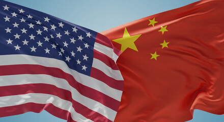 United States and China flags waving together against blue sky  