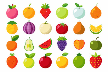 Collection of Colorful Cartoon Fruits Flat design illustrations various fruits including apples oranges pears strawberries and more fruits apple orange strawberry pear watermelon grape kiwi