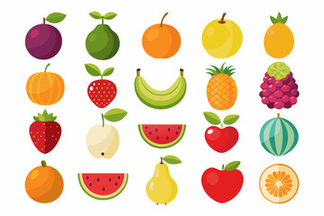 Colorful Flat Design Fruit Illustration Collection various fruits flat design style fruit illustration design flat apple orange banana strawberry watermelon pineapple plum grape avocado pear