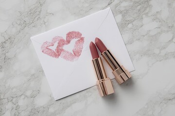 Two lipsticks lay on an envelope with two heartshaped lip prints all on a marble surface