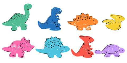 Hand drawn multicolor dinosaurs set. Vector crayon pencil, chalk illustration. Dino collection, kids design elements © Qualit Design