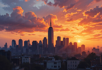PNG of a city skyline at sunset, rendered in oil paint style with dramatic brushwork.
