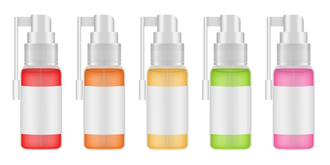 Mockup of a sore throat spray. Transparent bottles filled with red, orange, yellow, green and pink suspensions. Oral medicine. Aerosol container