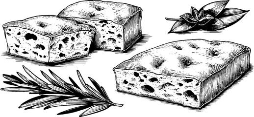 Engraved illustration of focaccia bread with herbs. Vintage design of bakery loaf and rosemary slice. Detailed black and white culinary sketch.