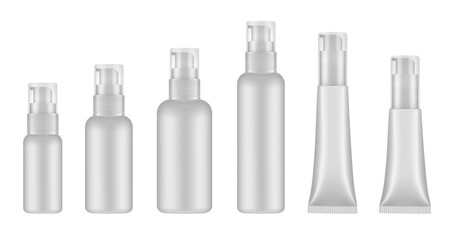 Set of white cosmetic bottles and tubes with pump. Dispenser for soap or lotion. Plastic cosmetic containers. Serum or gel