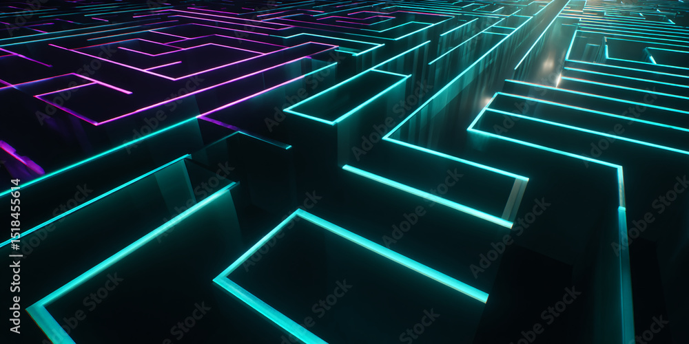 Poster neon-lit maze, teal and purple glowing lines form a complex pathway, symbolizing challenge, problem-