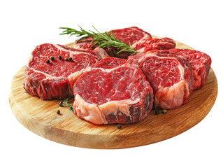 Fototapeta premium Savory Slices: A close-up shot captures a selection of perfectly cut, fresh ribeye steaks, artfully arranged on a rustic wooden cutting board, complete with aromatic rosemary and peppercorns.