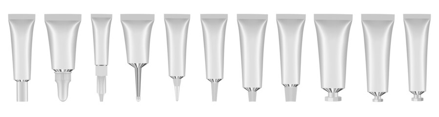 Set of white metal tubes. Realistic mockup. Long nozzle tube for ointment or salve. Gel or serum. Korean cosmetic packaging. Toothpaste or hand cream