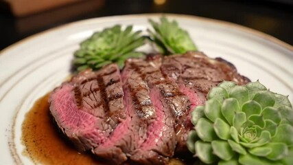 Cinematic close-up orbit of seared steak with reduction sauce and succulent garnish on rustic plate