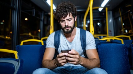 Young man with curly hair and beard using smartphone on a bus at night