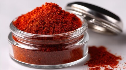 Close-up shot of a polished silver lid glass jar filled with vibrant red chili powder