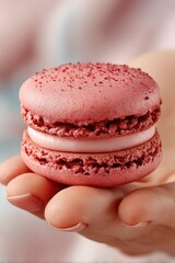 Perfect macaron offered with care from a neat hand against a soft white background