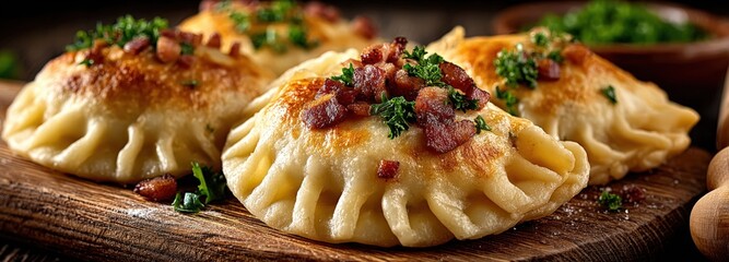 Delicious close-up of freshly made varenyky filled with mashed potatoes and bacon