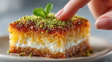 Delicate finger pointing at a slice of knafeh topped with pistachios and mint garnish