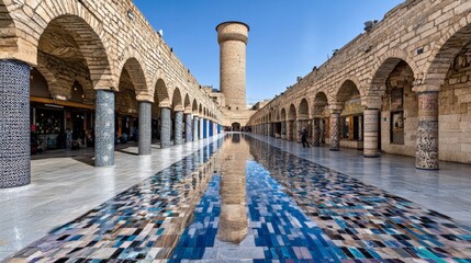 Historic stone arches and columns line a vibrant marketplace with a reflective tiled floor