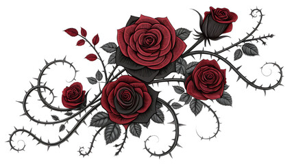 Elegant illustration of red and black roses with thorns on a solid black background