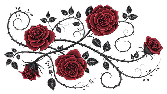 Elegant illustration of red roses with thorny vines against a stark black background