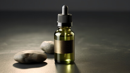 Three bottles of essential oil stand on the table, containing cosmetics fluid