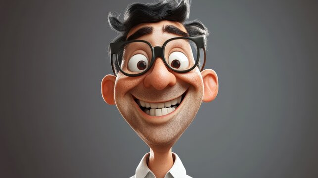 expression and people concept - smiling man with funny face over gray background (cartoon style character with big head) illustration , no logos, no brands