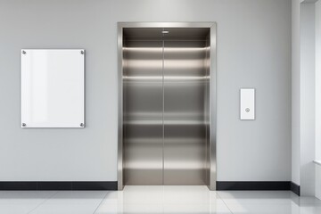 Closed metal elevator doors in a clean hallway, minimalistic style, gray wall background, concept of urban infrastructure. Ai generative