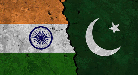 Cracked flag illustration of India and Pakistan symbolizing division  